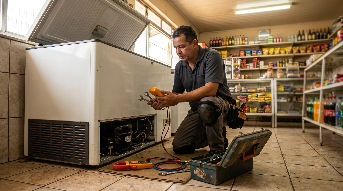 Técnico realizando manutenção de motor de freezer em Betim‑MG