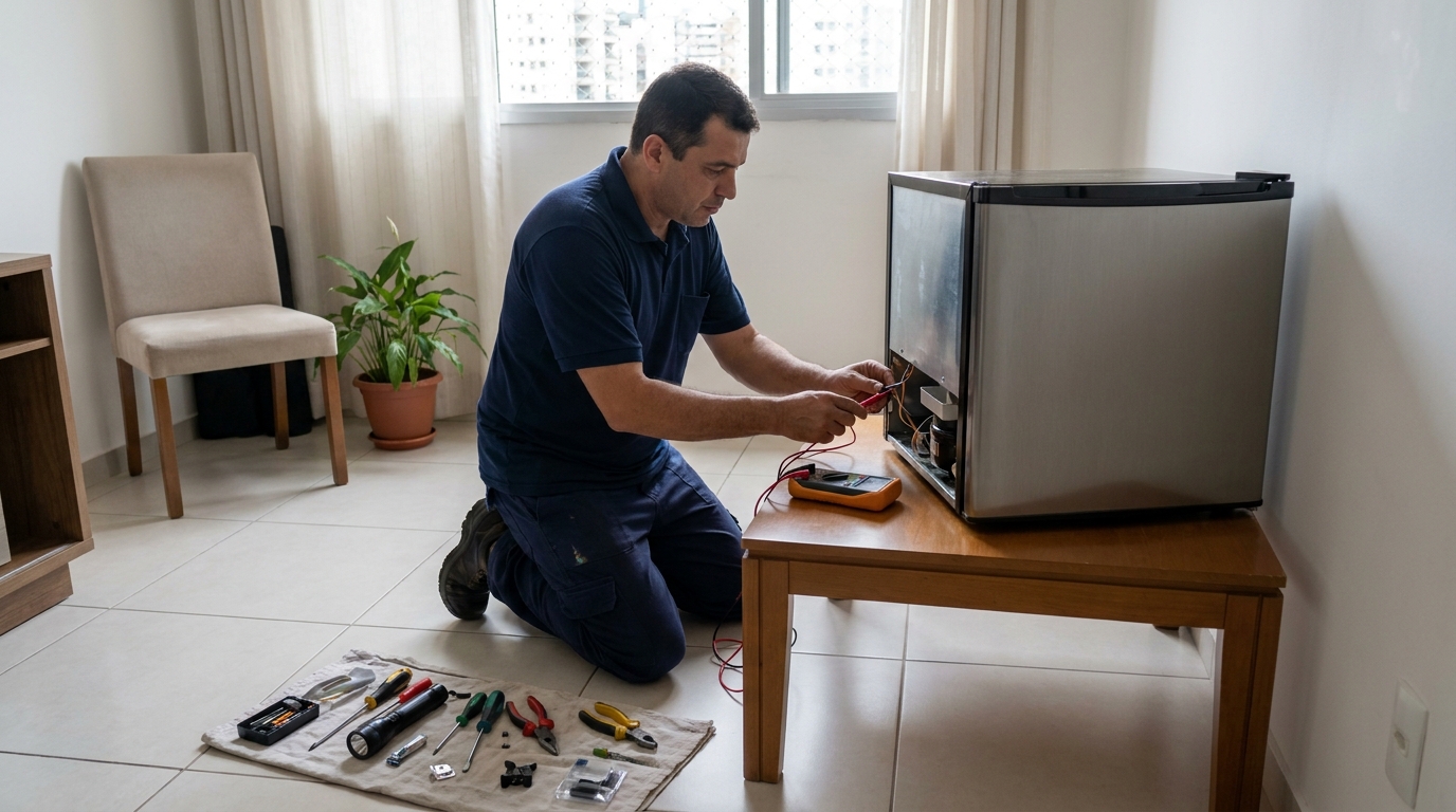 Técnico realizando manutenção de motor de frigobar em Betim‑MG
