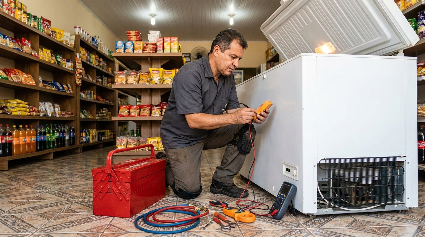 Recarga de gás refrigerante em freezer em atendimento em Betim‑MG